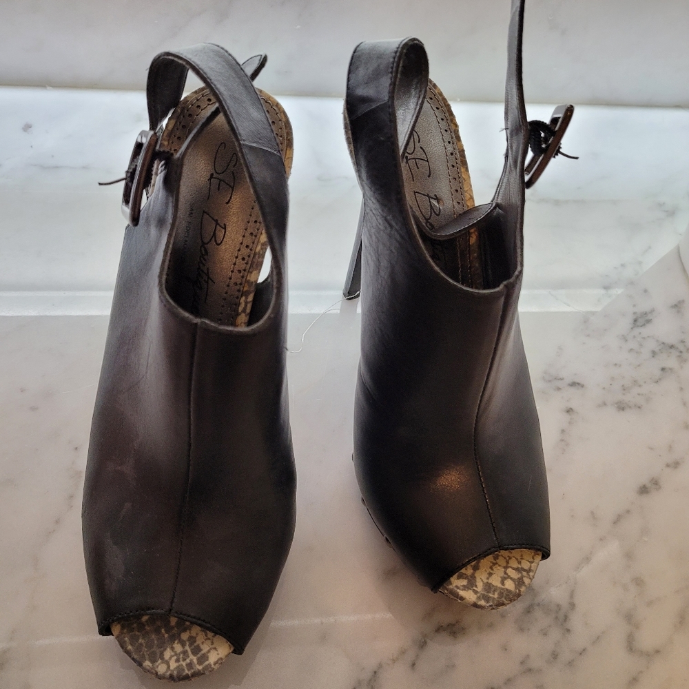 Black Leather open toe heel